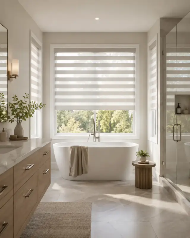 custom motorized zebra shades for hotel bathrooms