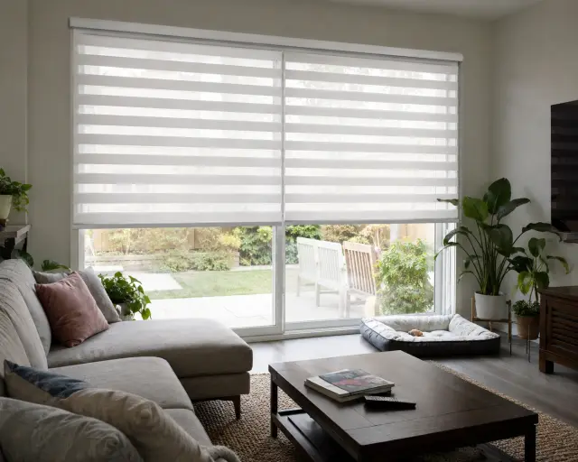 Custom zebra shades installed in a modern living room for flexible daylight and privacy control