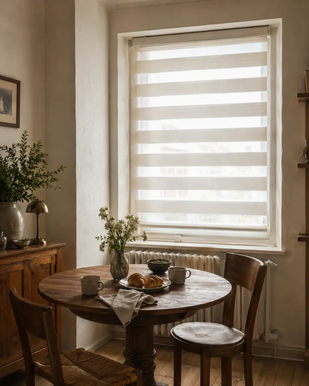 Light filtering zebra shades installed in a dining room for soft daylight and privacy control