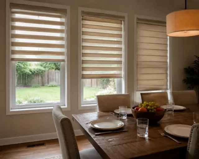 Light filtering zebra shades installed in a dining room for soft daylight and privacy control